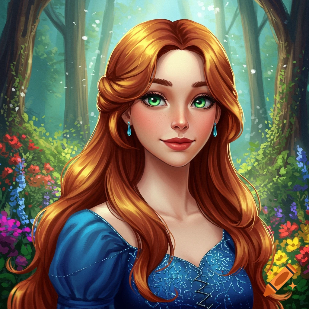 A young woman with long red hair and green eyes stands in a forest.