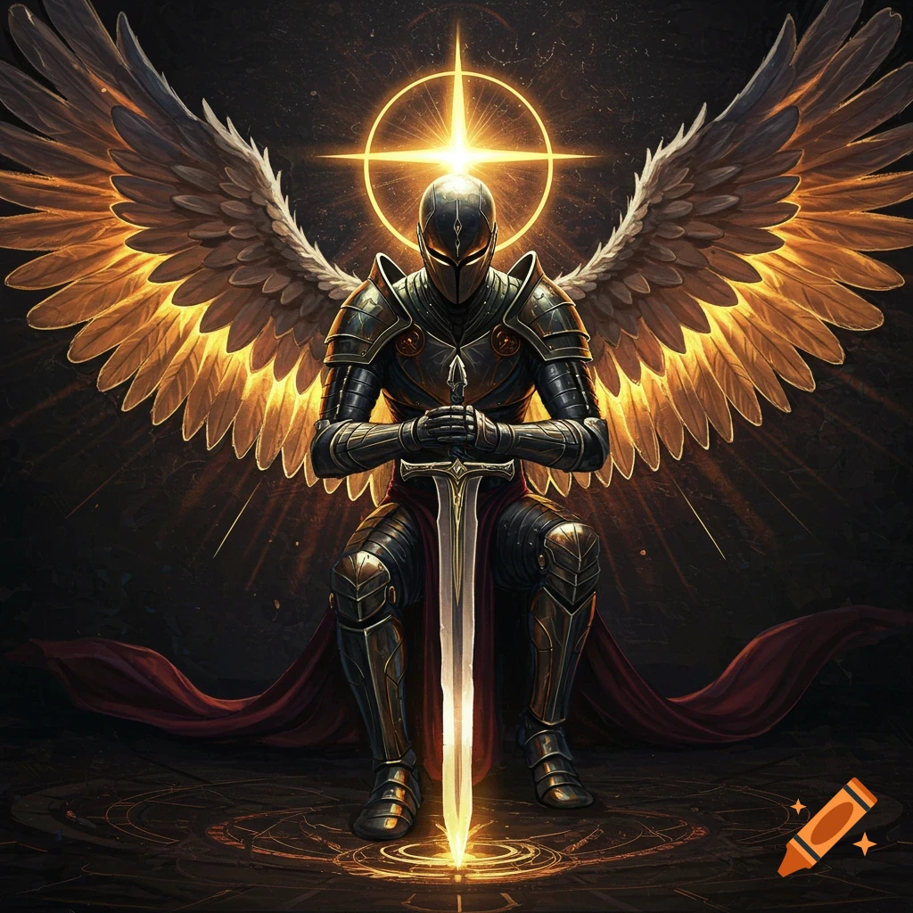 A kneeling armored paladin with golden wings, holding a sword, under a glowing halo.