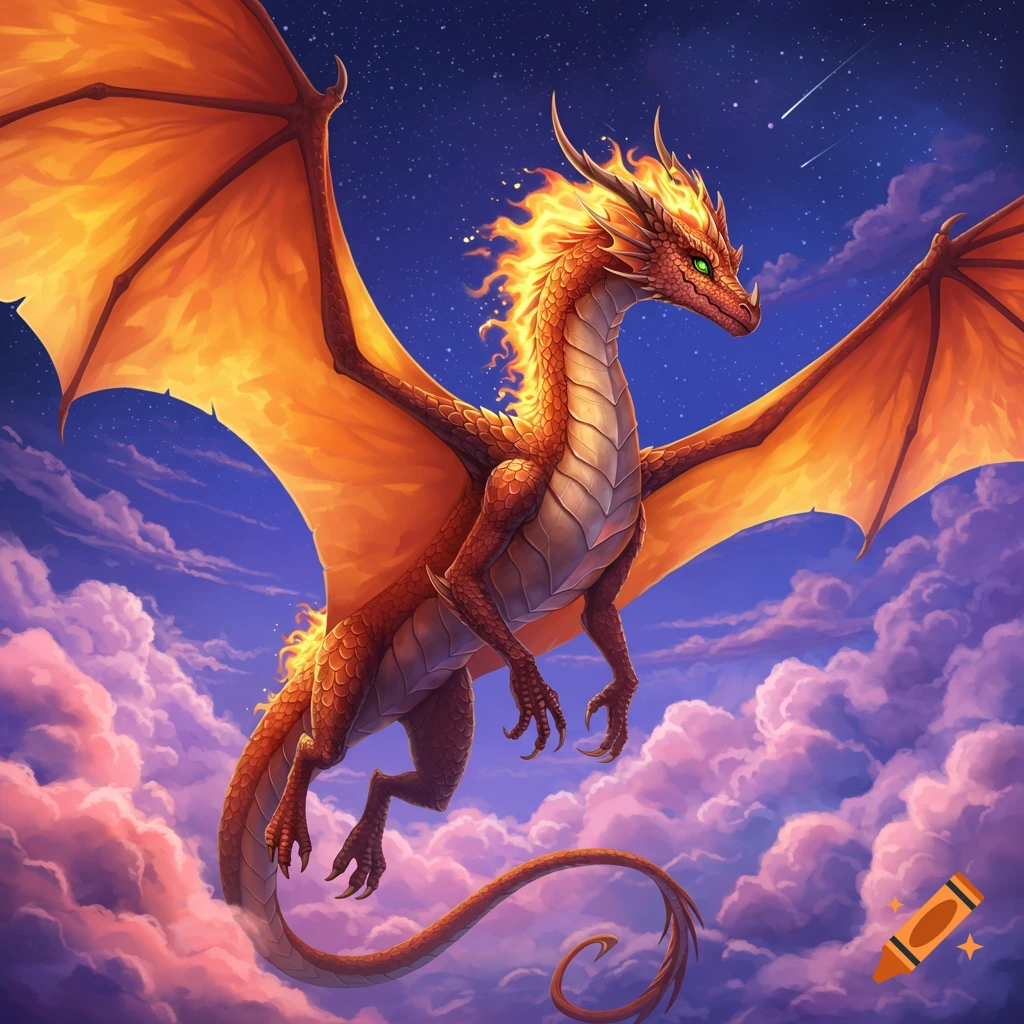 A fire dragon flying through a starry night sky with pink clouds.