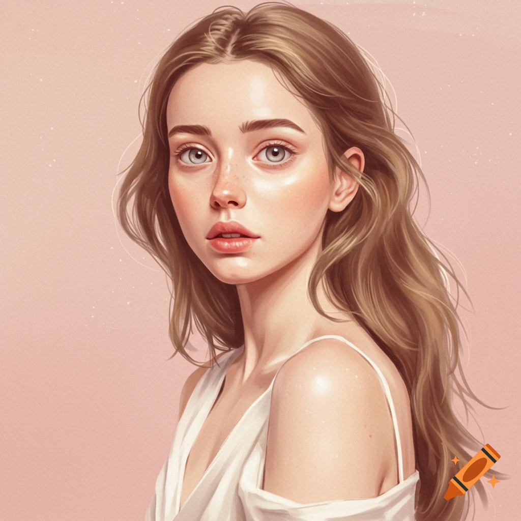 A portrait of a young woman with long hair wearing a white top against a pink background.