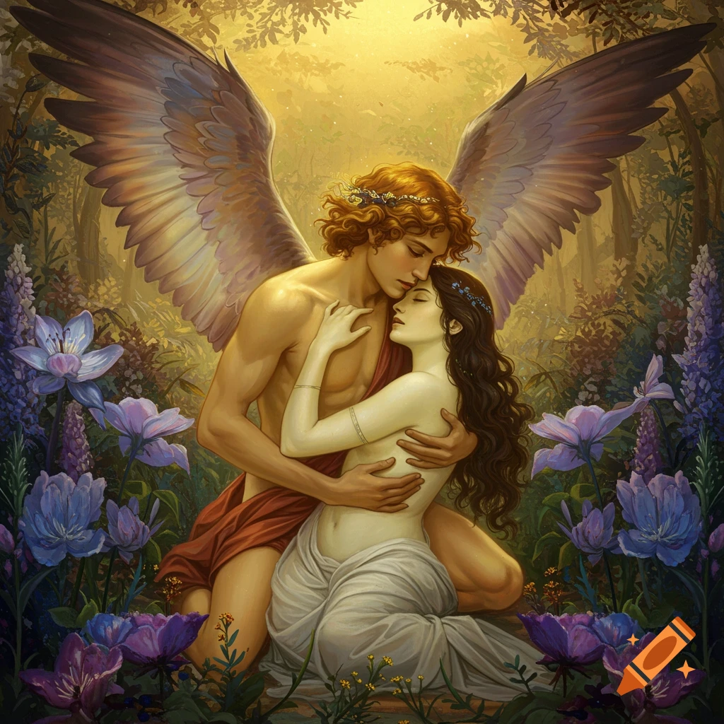 Eros embracing Psyche in a lush garden.