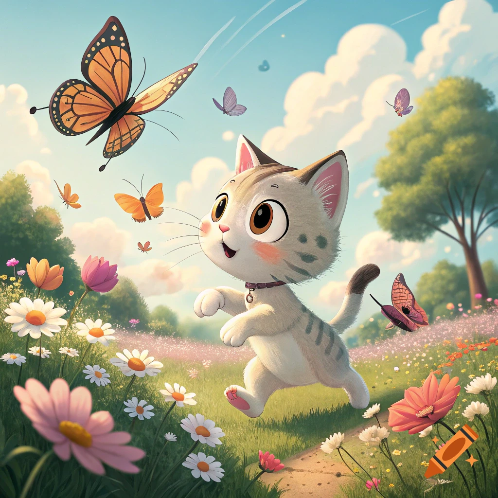 A cute cartoon cat chases butterflies through a field of flowers.