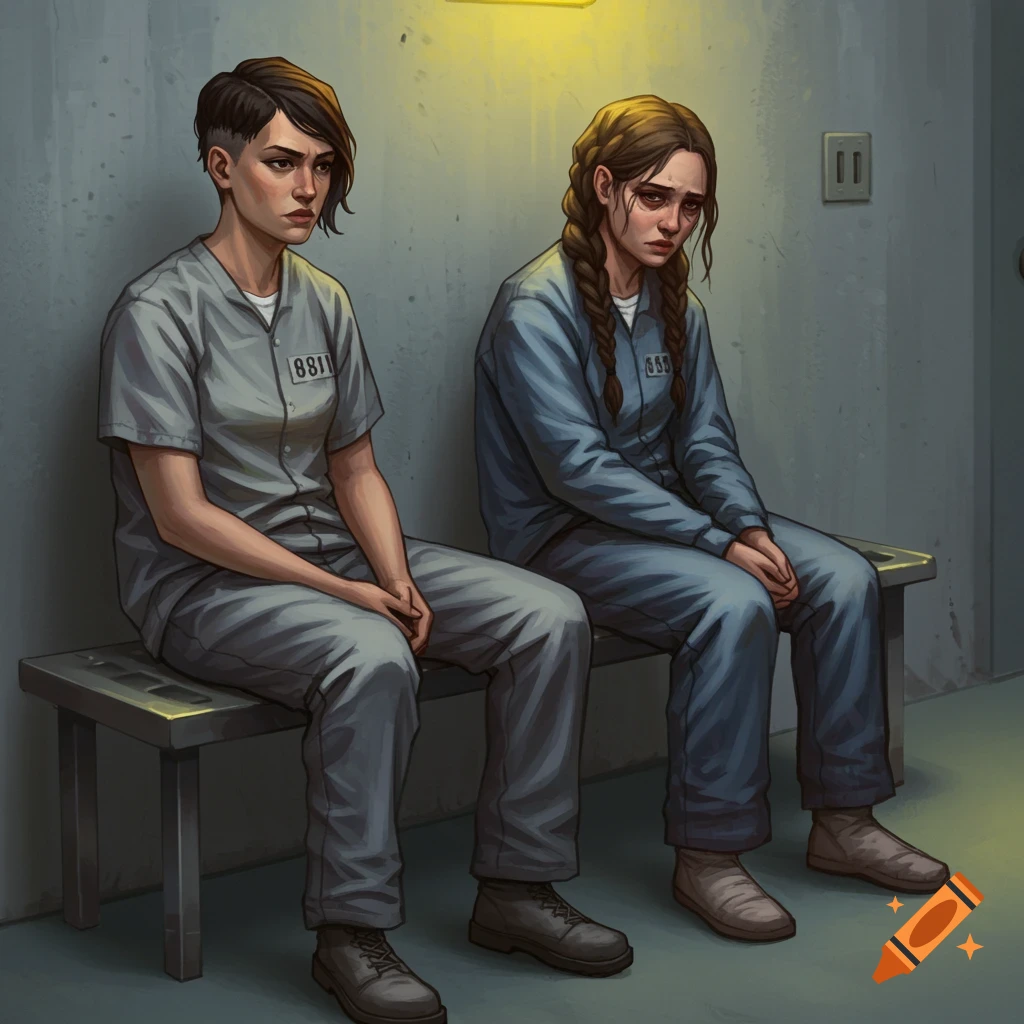 Two female inmates sit on a bench in a prison corridor.