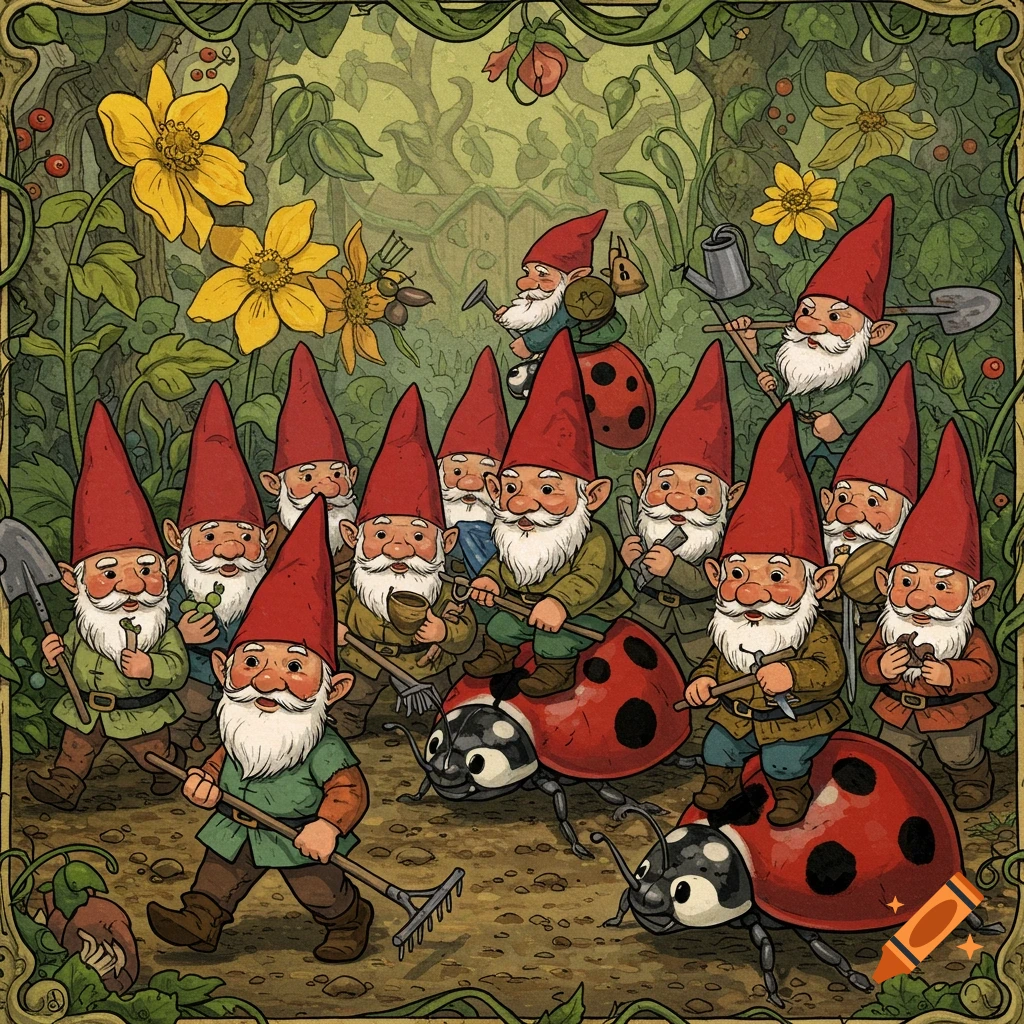 A gnome army with tools rides large ladybugs through a lush garden.