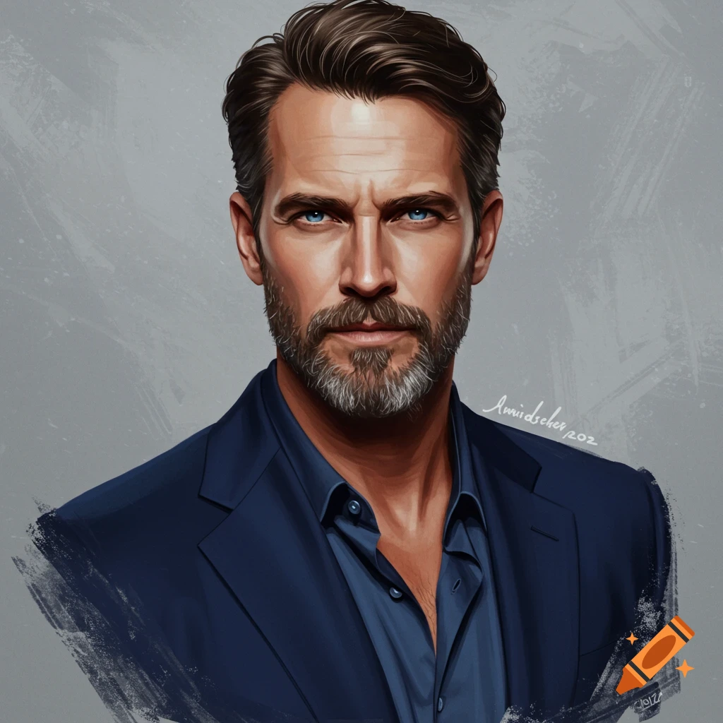 A handsome man with blue eyes and a beard wears a blue suit.
