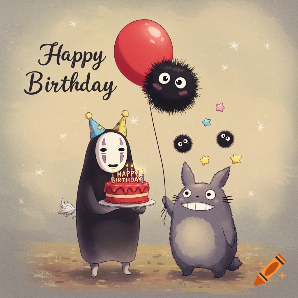 Digital illustration of No-Face holding a birthday cake, Totoro holding a soot sprite balloon, and other soot sprites nearby.
