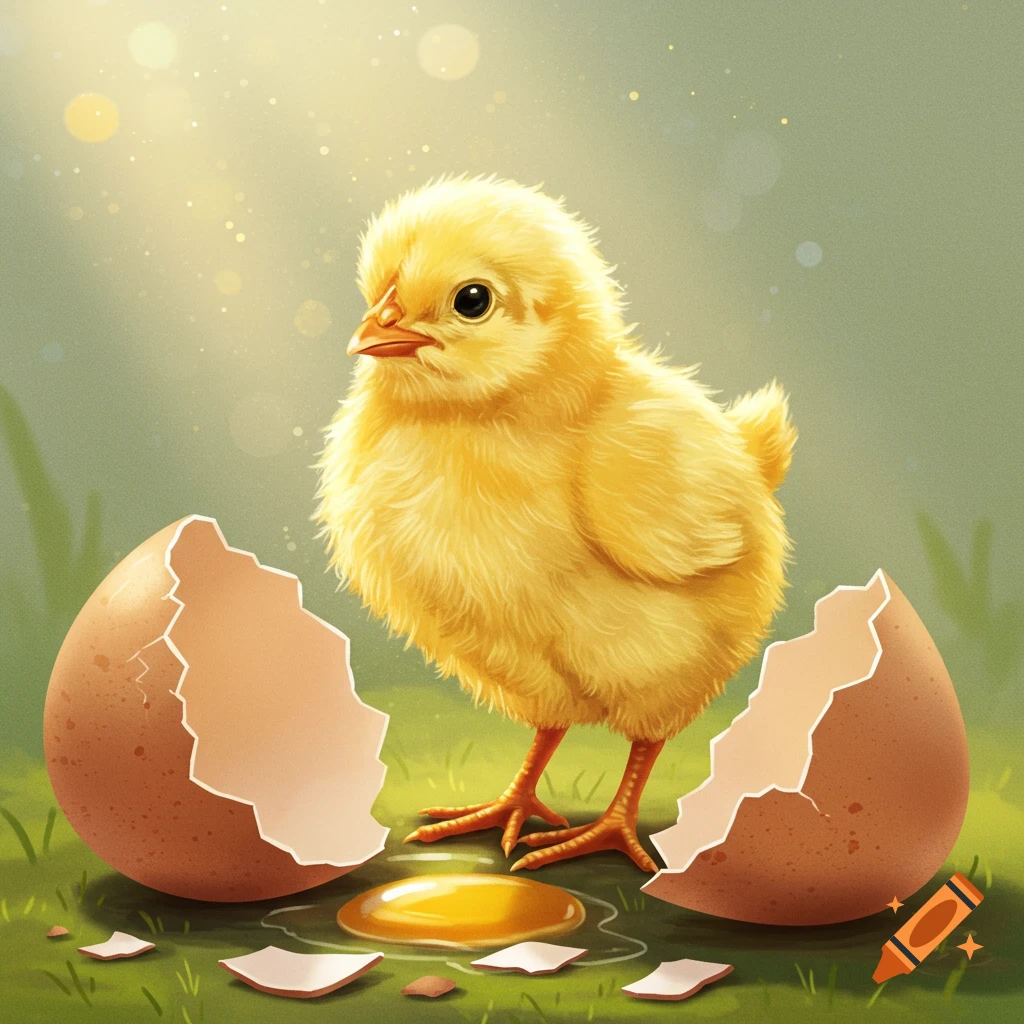 A fluffy yellow baby chick stands in a cracked eggshell on the grass.
