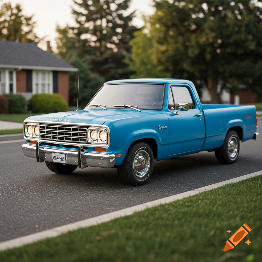 A blue 1978 Dodge pickup truck is parked on a suburban street in a photograph.