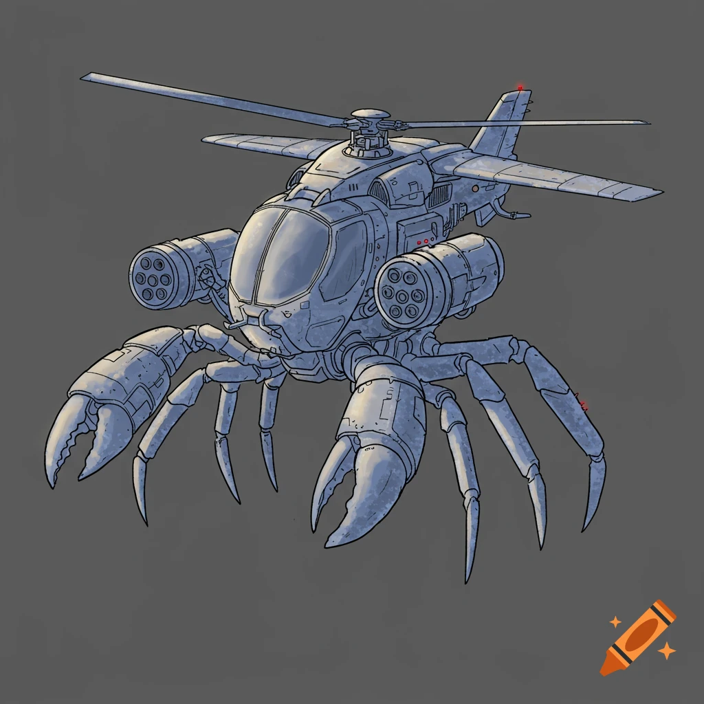 Illustration of a mechanical crab creature with helicopter rotors, wings, rocket launchers, and large claws.