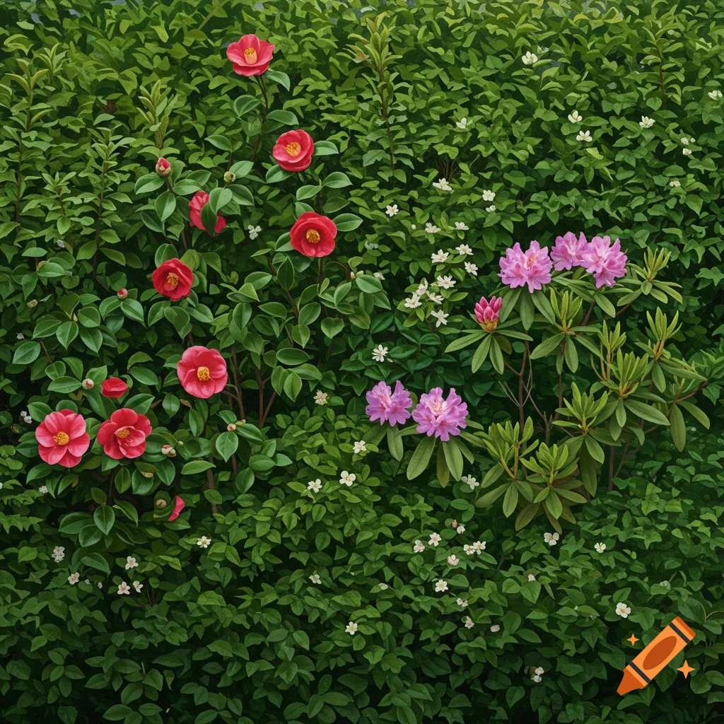 A dense green hedge with red camellias, pink rhododendrons, and small white flowers.