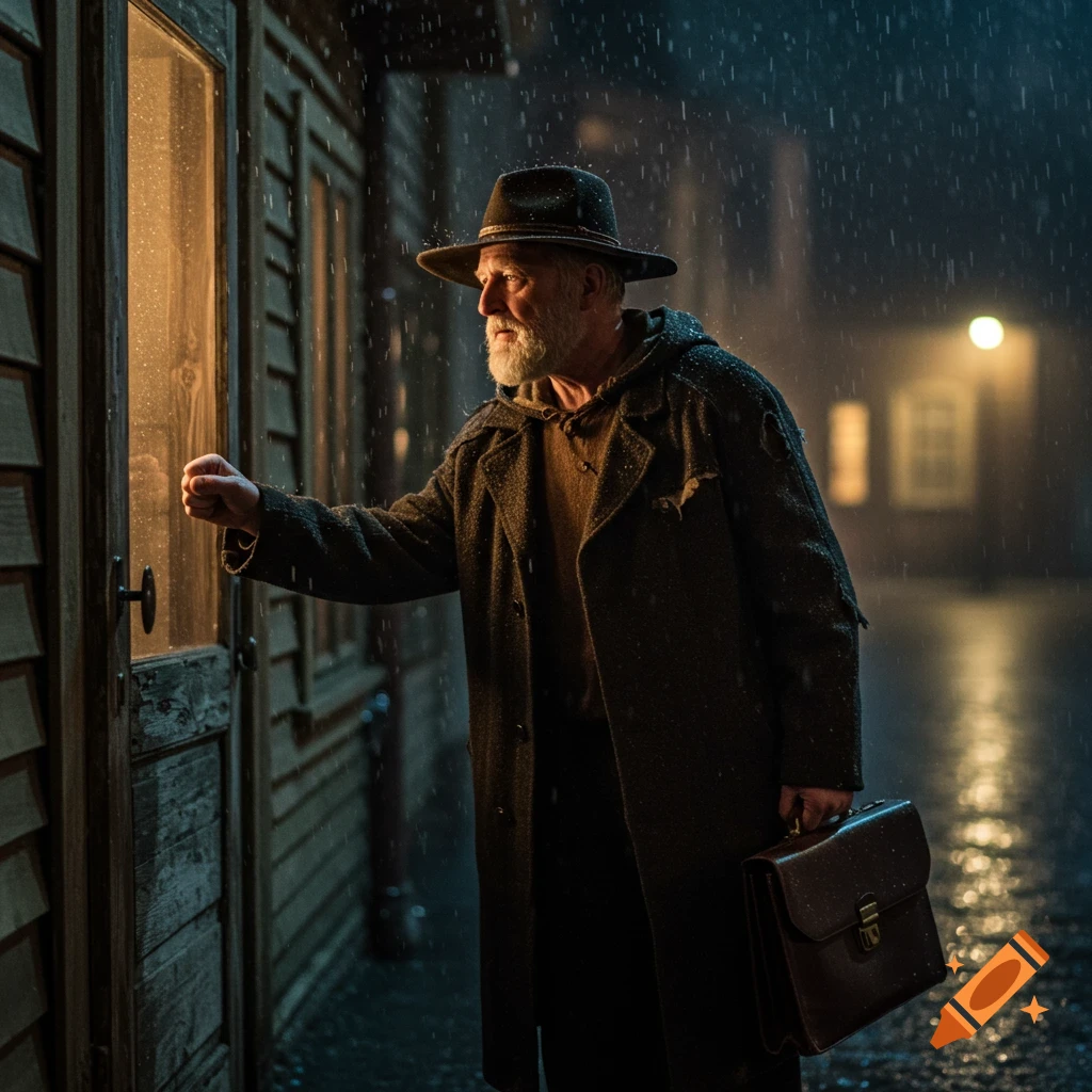 An older man with a hat and briefcase knocks on a door in heavy rain at night.
