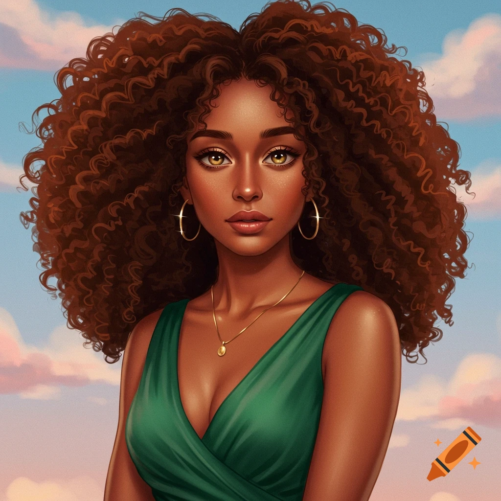 A woman with curly hair and a green dress.