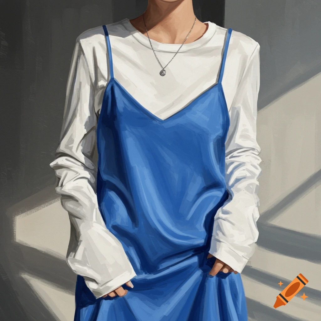 A person wearing a blue slip dress over a white long-sleeve shirt.