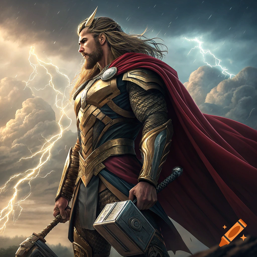 A Thor-like character resembling Jason Momoa stands in golden armor with two hammers under a stormy sky with lightning.