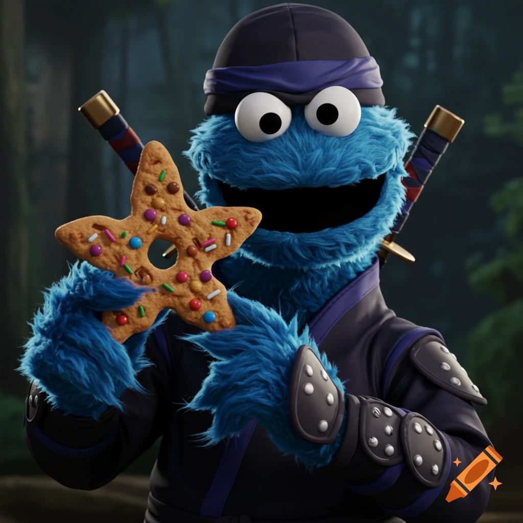 Cookie Monster dressed as a ninja holds a star-shaped cookie.