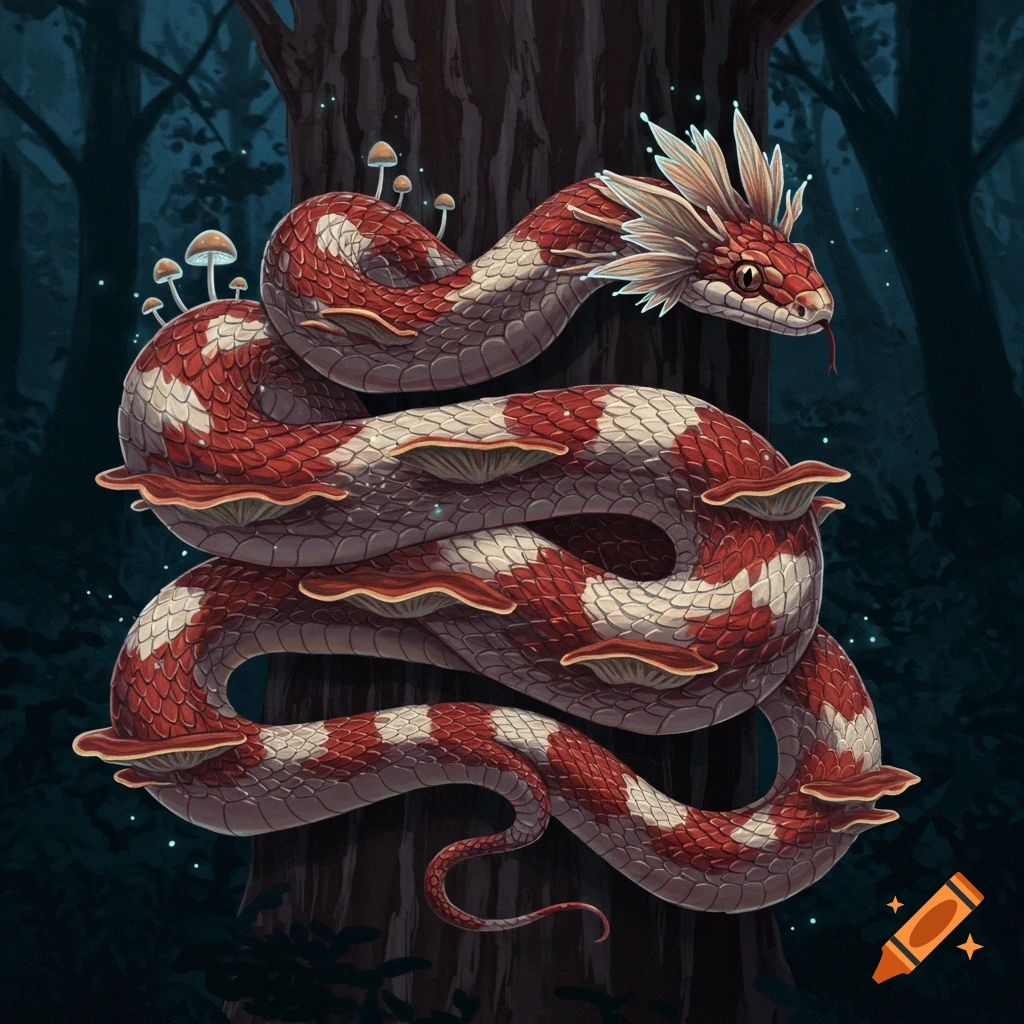 A fantasy mushroom snake wrapped around a tree in a forest.