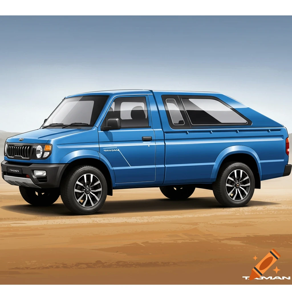 A blue pickup truck on a sandy landscape.