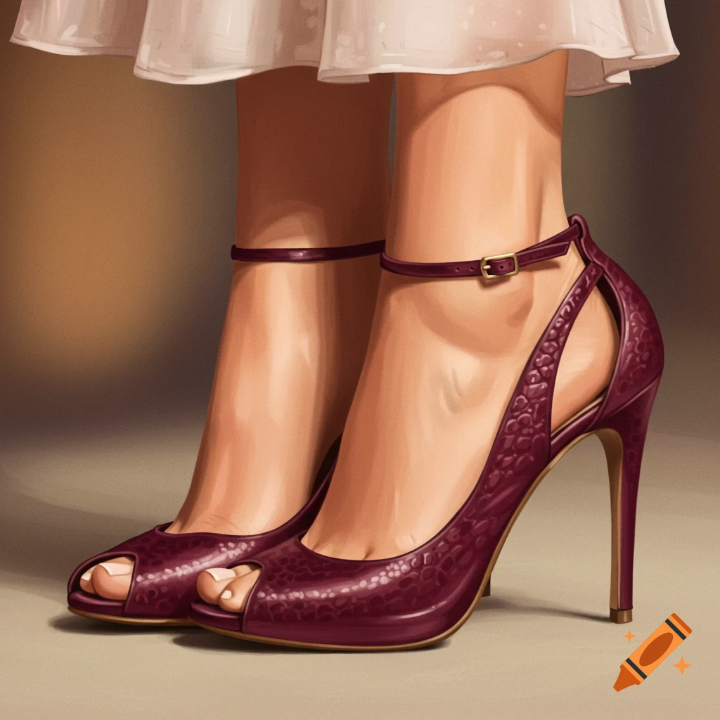 Close-up of a woman's feet in maroon high-heeled shoes and a white dress.