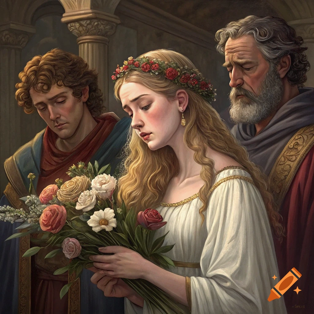 Woman in white dress with flower crown holds flowers, flanked by two men in historical clothing. Painting style.