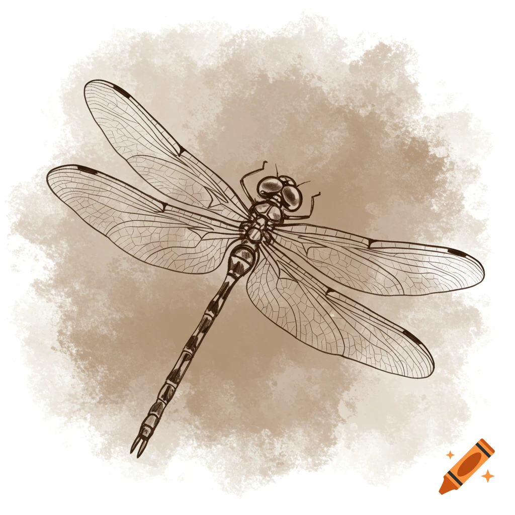 A digital sepia sketch of a dragonfly