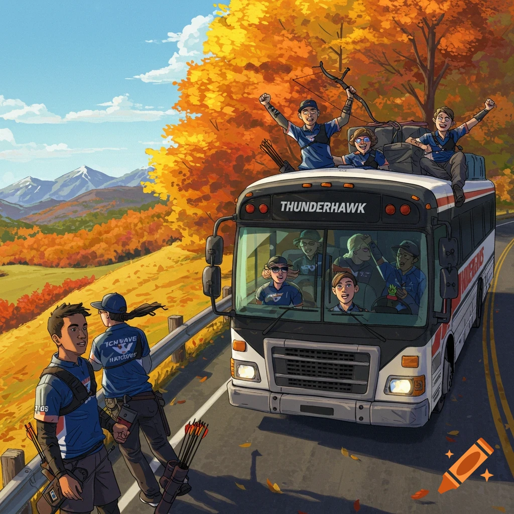 Archers on a bus trip through autumn mountains.