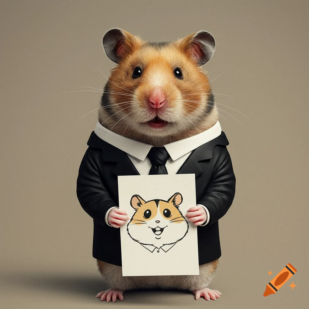 Photorealistic hamster in a suit holds up a cartoon drawing of a hamster head.
