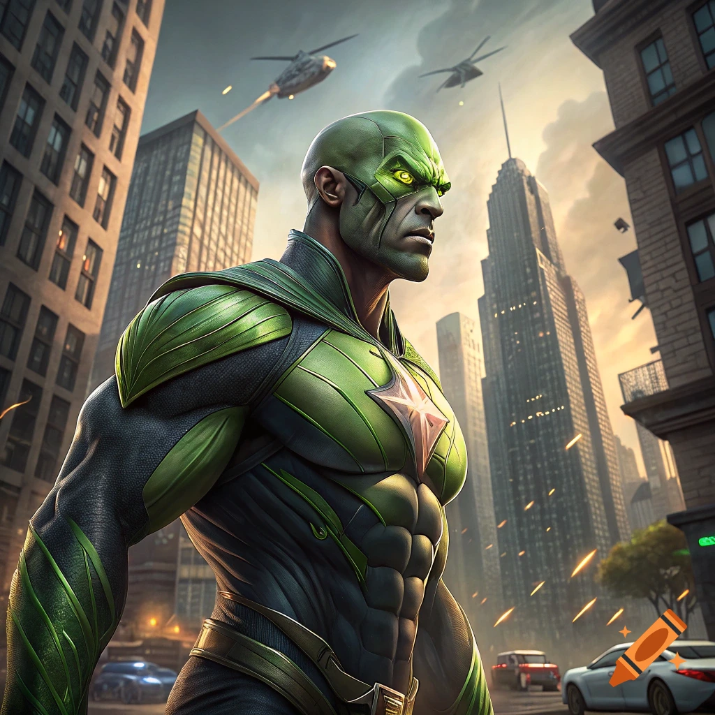 A green-skinned superhero stands in a city street with helicopters overhead.