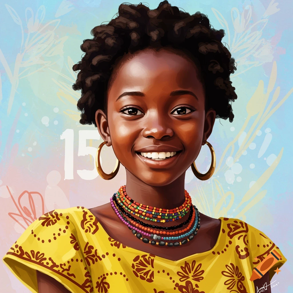 Smiling young African girl wearing beaded jewelry against a colorful background featuring the number '15'.