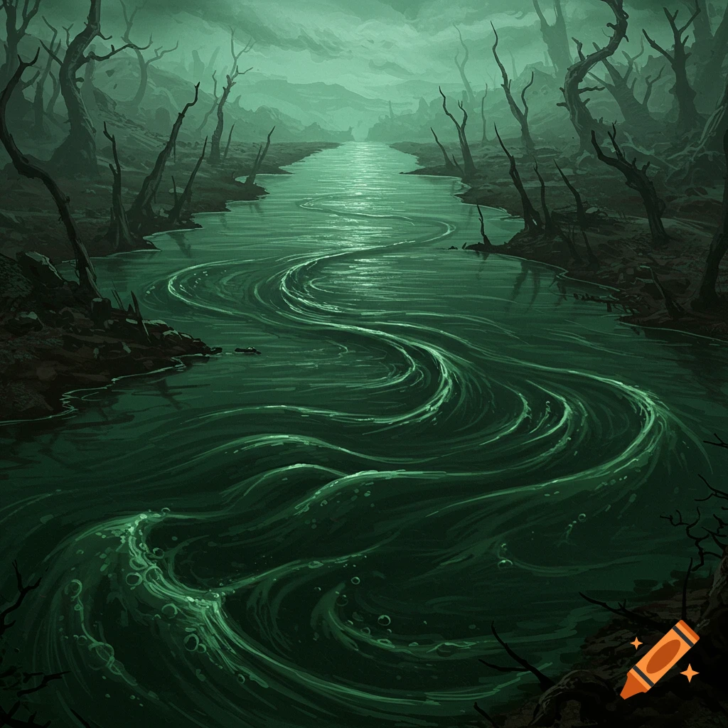 A creepy green river flows through a dark forest with gnarled trees.