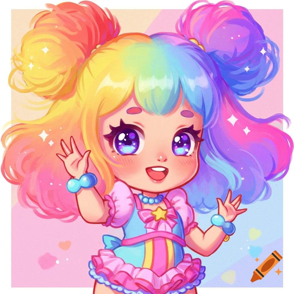 A cute chibi character with rainbow hair in pigtails, wearing a colorful dress and waving.