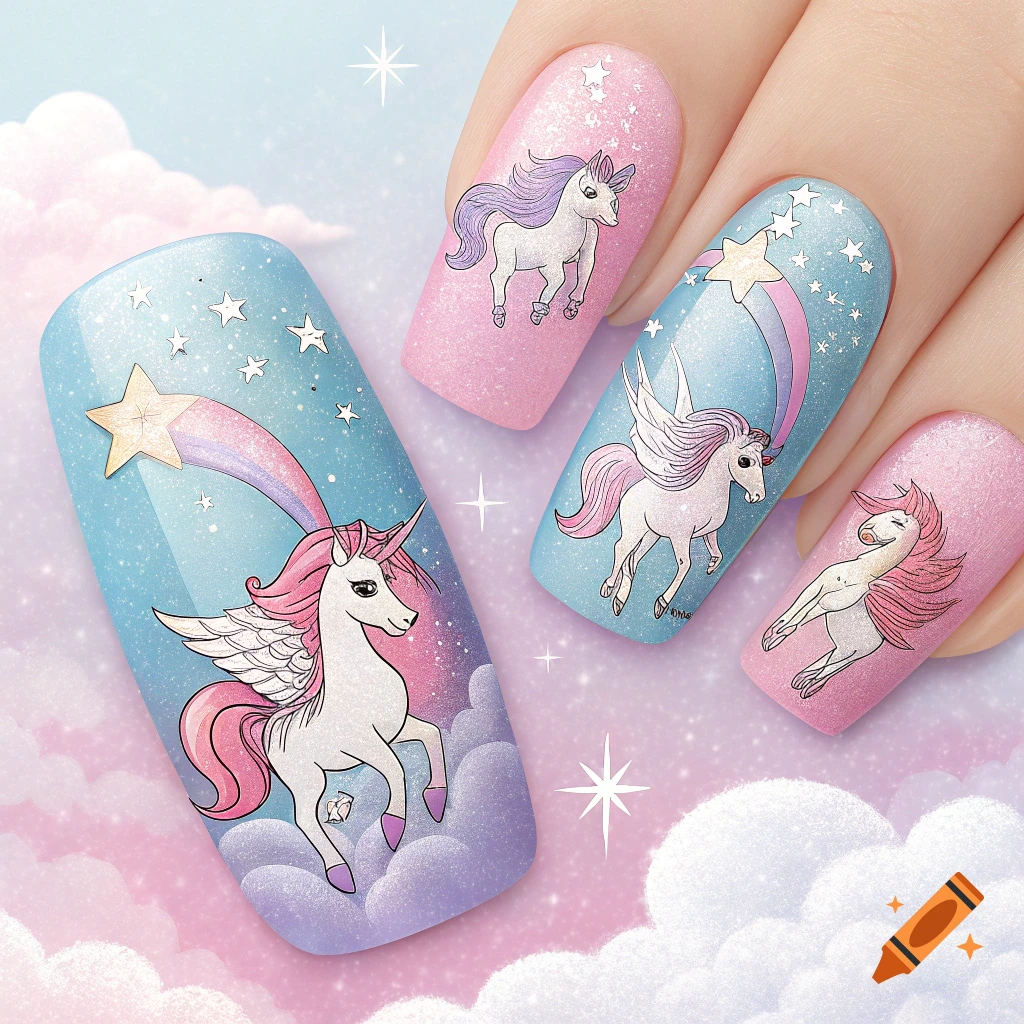 Illustrated nail art with unicorns, stars, and clouds on pink and blue glitter nails.