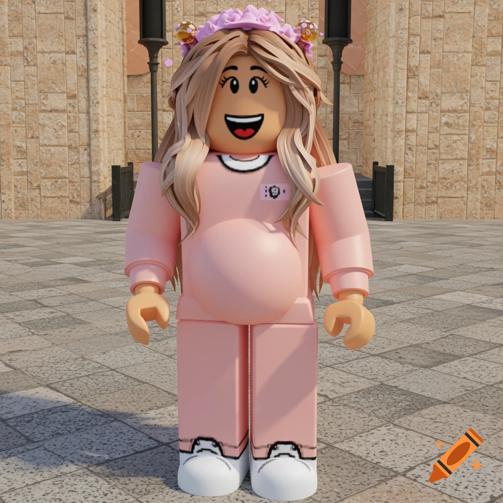 A pregnant Roblox avatar in a pink outfit and flower crown.