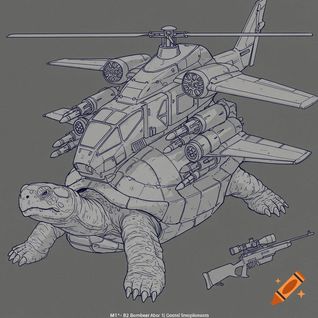 Line drawing of a turtle with a B2 bomber body and helicopter wing attached, next to a sniper rifle.