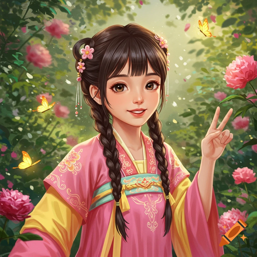 A young Asian girl in a pink traditional dress is in a garden with flowers and butterflies, making a peace sign.