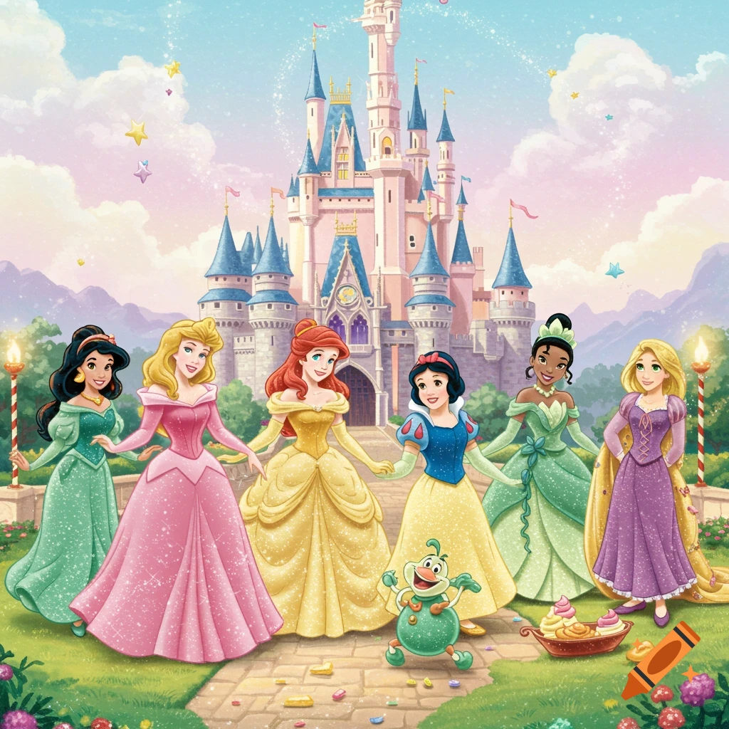 Six Disney princesses stand with a frog in front of a pink castle.