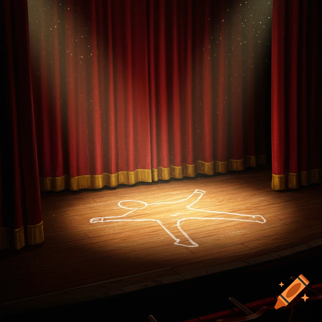 Chalk body outline on a spotlighted Broadway stage with red curtains.