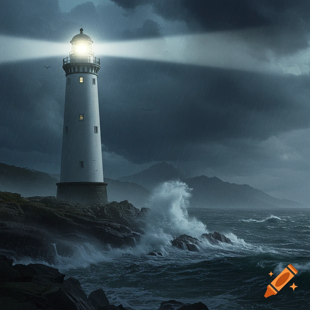 A lighthouse stands on a rocky shore during a storm with waves crashing.