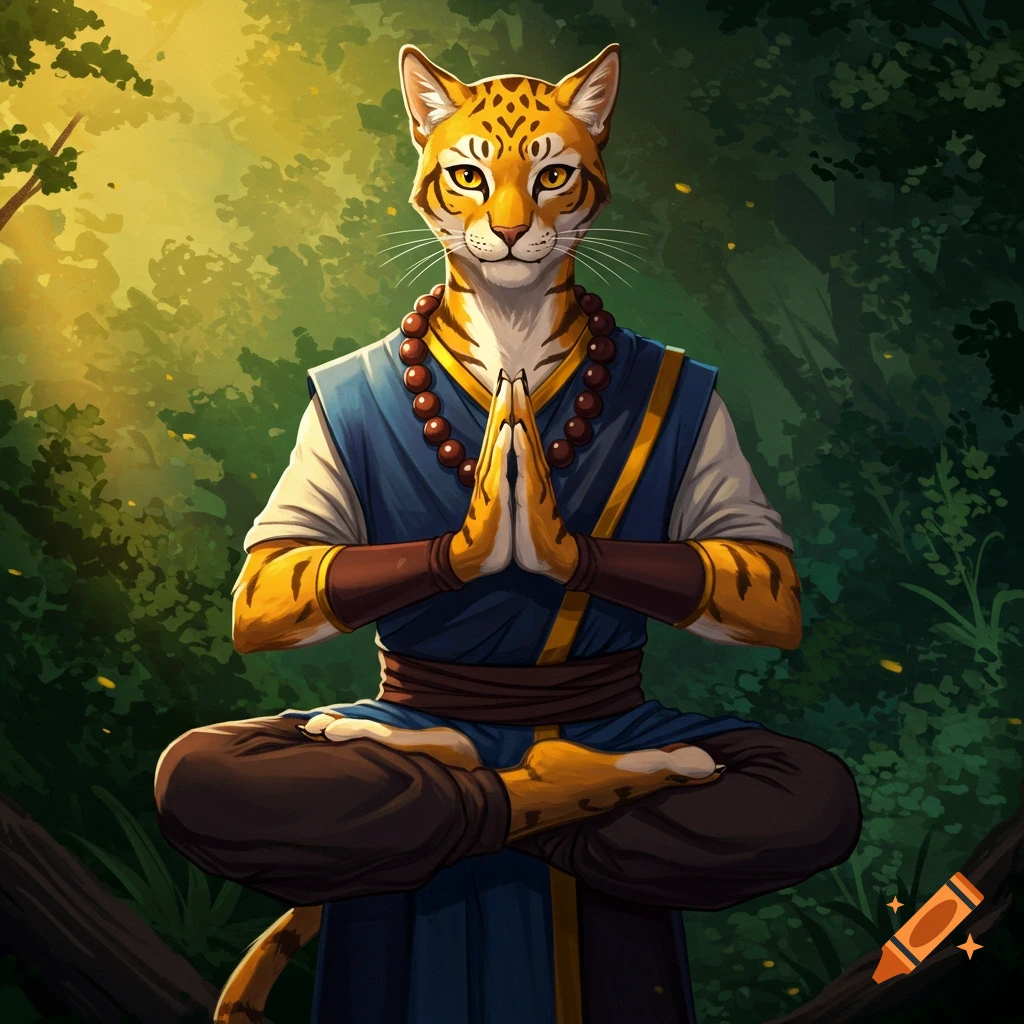 An anthropomorphic tiger monk is meditating in a forest.