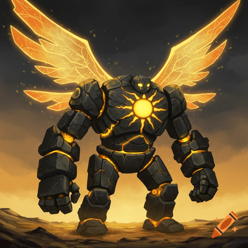 A large black stone golem with a glowing sun core and fiery wings stands on a barren landscape.