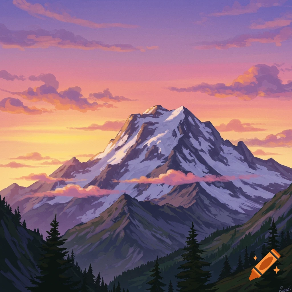 A snowy mountain at sunset with colorful clouds and pine trees.