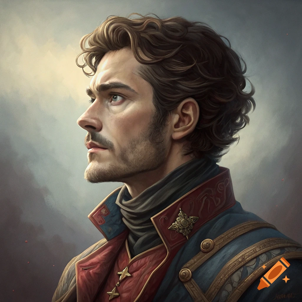 Portrait of a man in historical military jacket against a cloudy background.