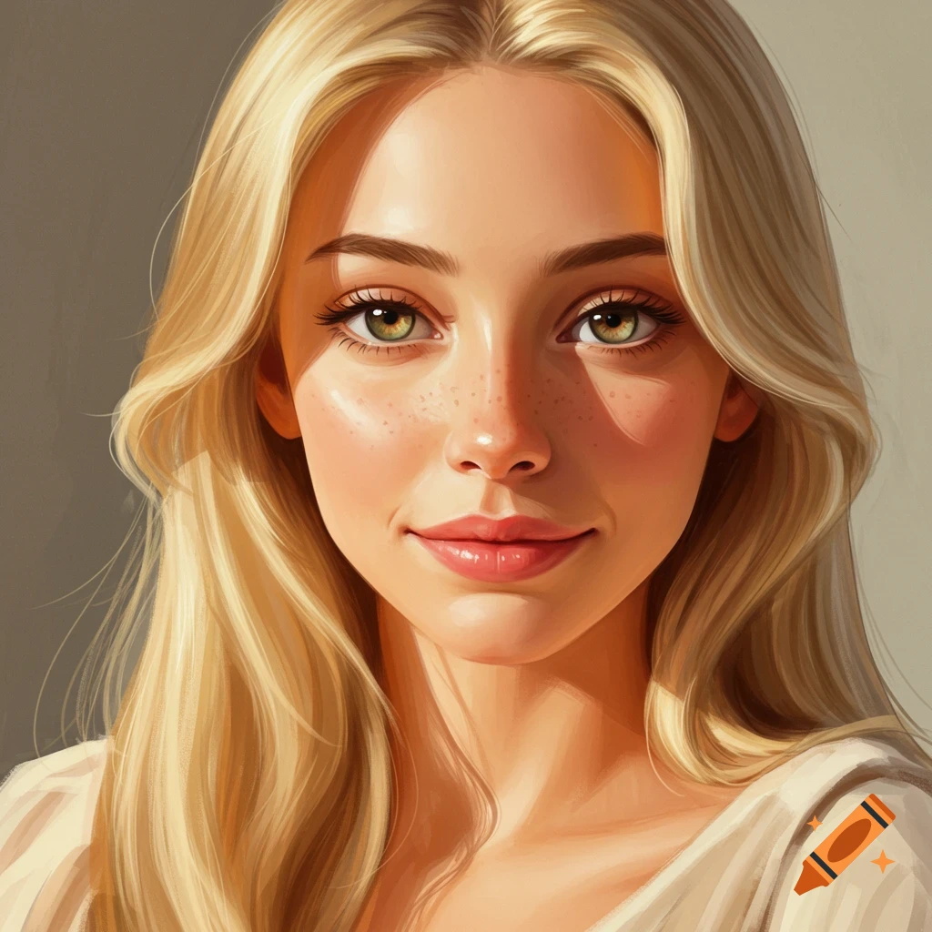 Portrait of a blonde woman with hazel eyes.