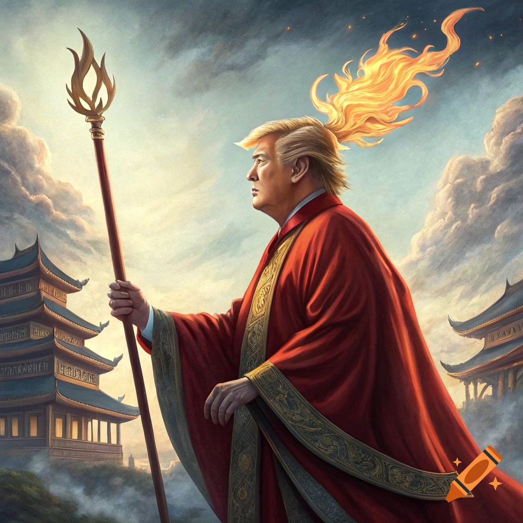 Painting of Donald Trump in a red robe with flames on his head, holding a staff, standing in front of pagodas.