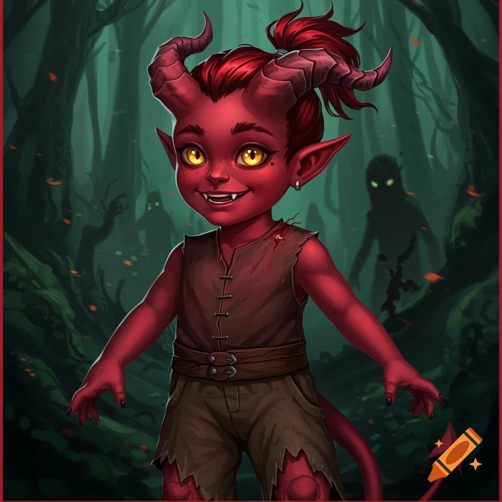 A young red-skinned fantasy creature with horns, fangs, and a ponytail stands in a dark forest.