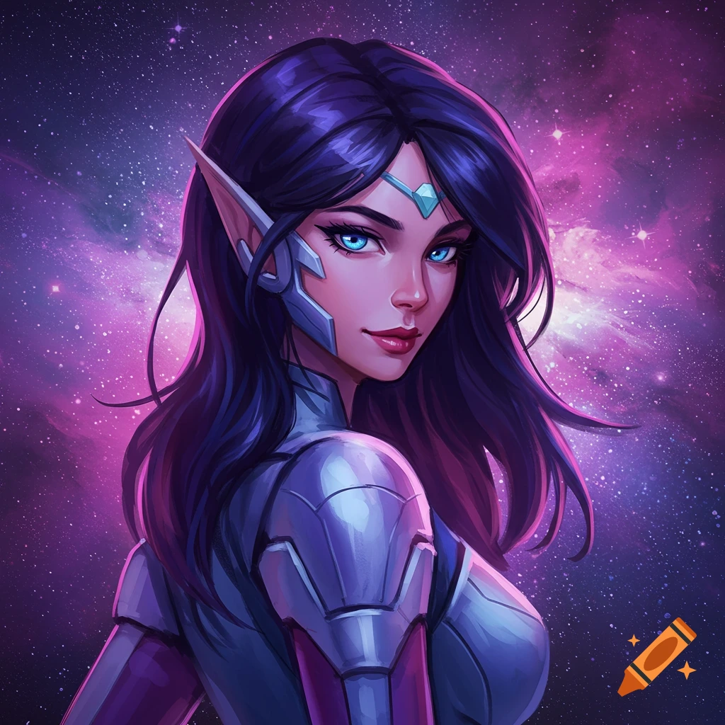 A female character with pointy ears and futuristic armor stands against a cosmic background.