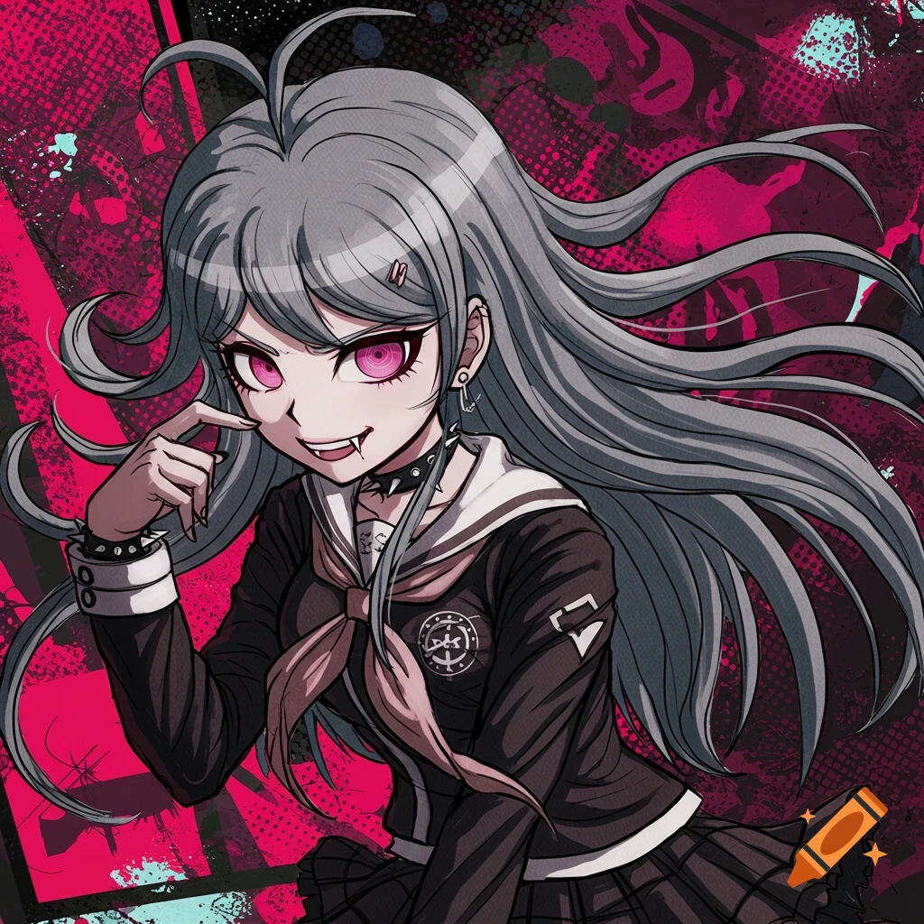 Anime girl in Danganronpa style with long grey hair, fangs, pink eyes, and school uniform against a grunge background.