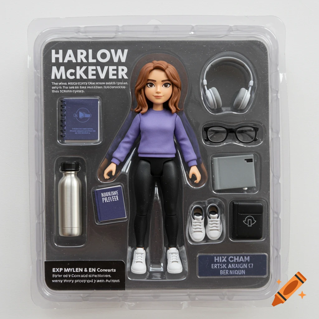 Photo of Harlow McKeever action figure toy in blister packaging with accessories like headphones, book, and water bottle.