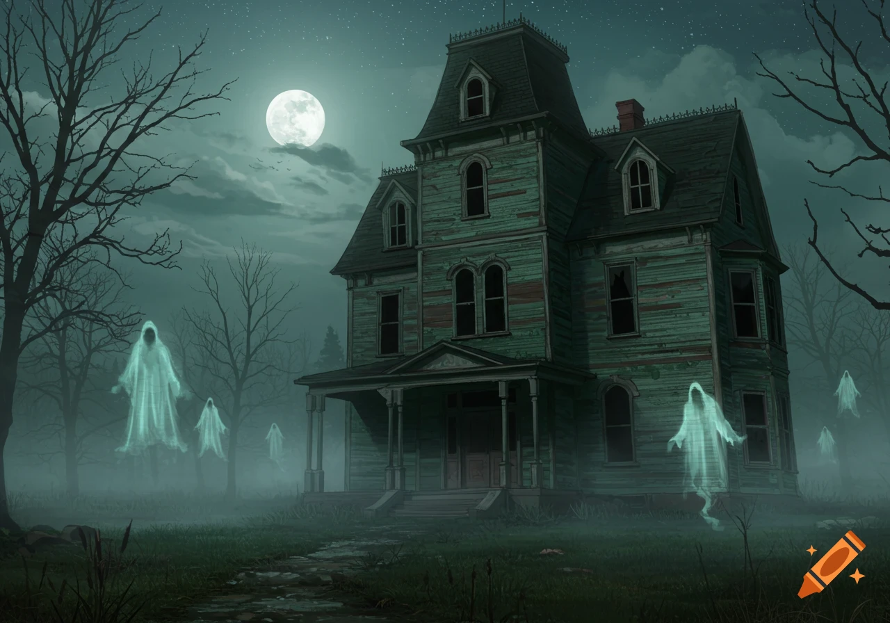 Haunted house at night with ghosts floating around.