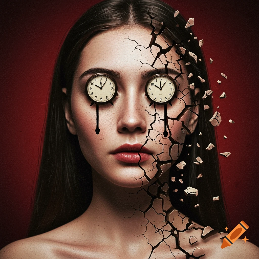 A woman's face is shown cracking, with clocks for eyes against a red background.