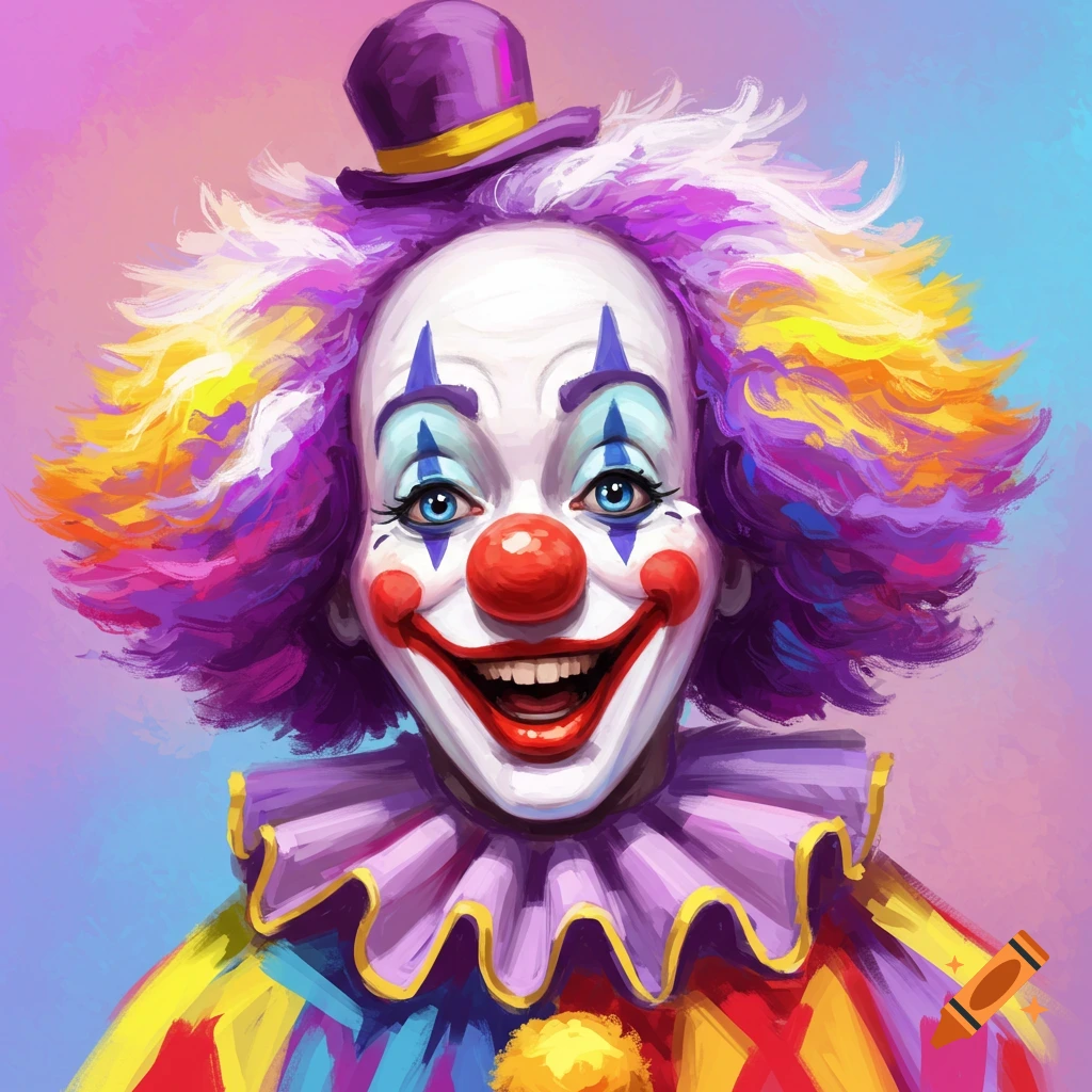A clown with colorful hair, red nose, and purple hat.